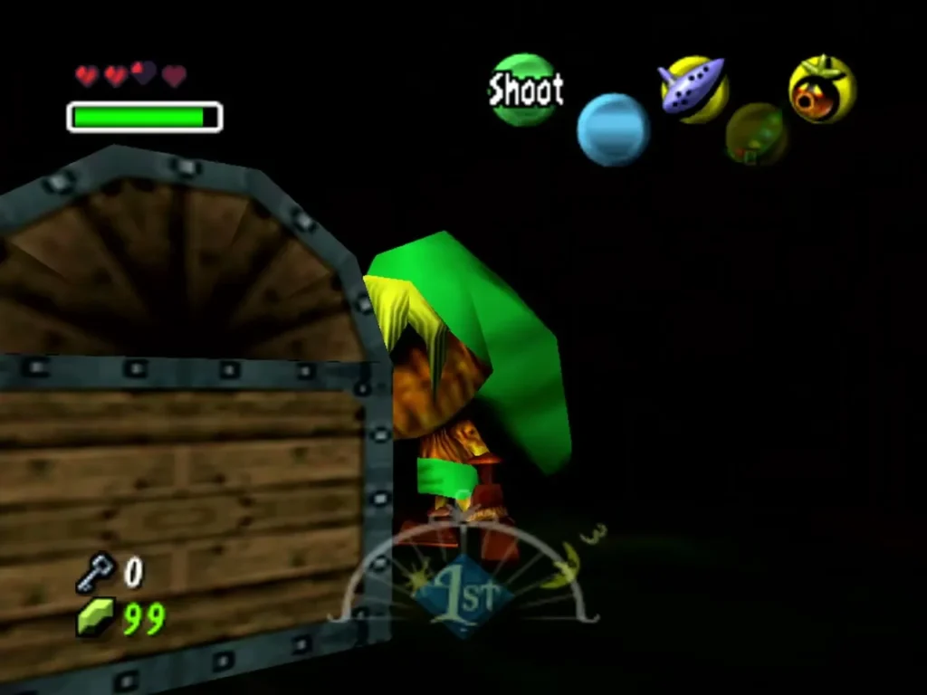 Hylian Link beside a large wooden chest in a dark temple room Hylian Link beside a large wooden chest in a dark temple room