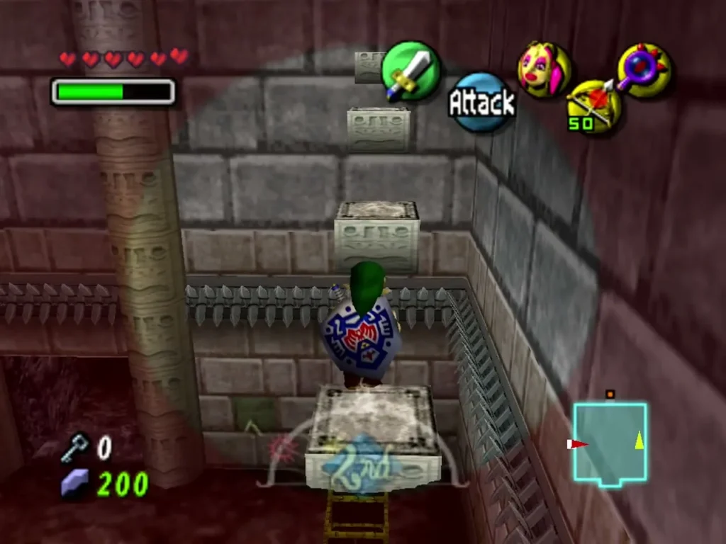Link climbs a line of stone blocks revealed by the Lens of Truth along a spiked wall Link climbs a line of stone blocks revealed by the Lens of Truth along a spiked wall
