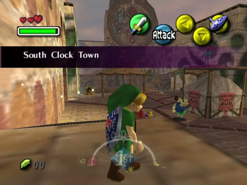 Hylian Link walking into South Clock Town with its name shown on screen Hylian Link walking into South Clock Town with its name shown on screen