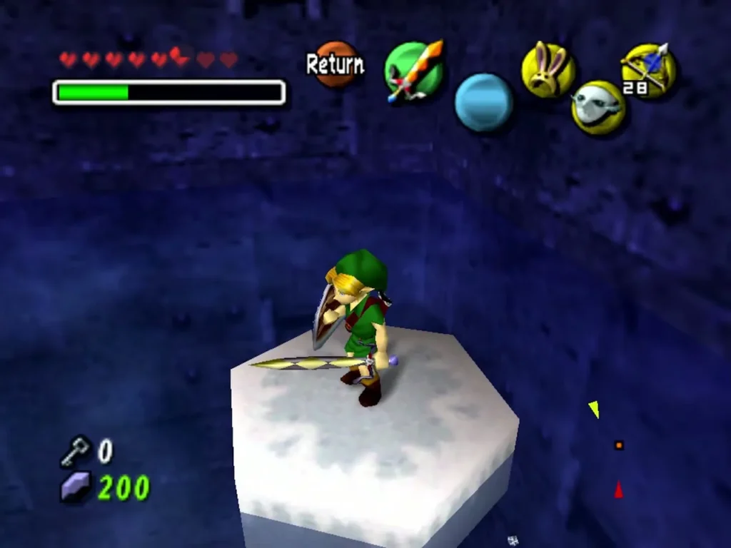 Link stands on a block of ice he made over the dark pool, sword drawn, in Great Bay Temple Link stands on a block of ice he made over the dark pool, sword drawn, in Great Bay Temple