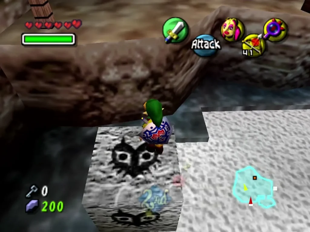 Link stands on a carved mask block bridging a gap in the brown rock room Link stands on a carved mask block bridging a gap in the brown rock room