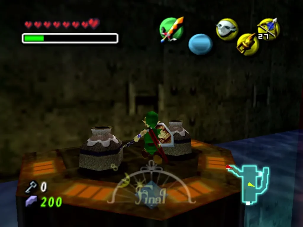 Link stands on the far platform between two clay pots in the Great Bay Temple map room Link stands on the far platform between two clay pots in the Great Bay Temple map room