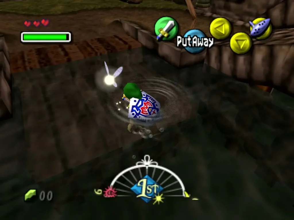 Hylian Link on a wooden platform at the Laundry Pool, the Stray Fairy glowing just ahead of him Hylian Link on a wooden platform at the Laundry Pool, the Stray Fairy glowing just ahead of him