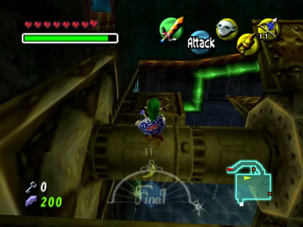 Link walks along a rotating crankshaft above spiked mines and green pipes in Great Bay Temple Link walks along a rotating crankshaft above spiked mines and green pipes in Great Bay Temple
