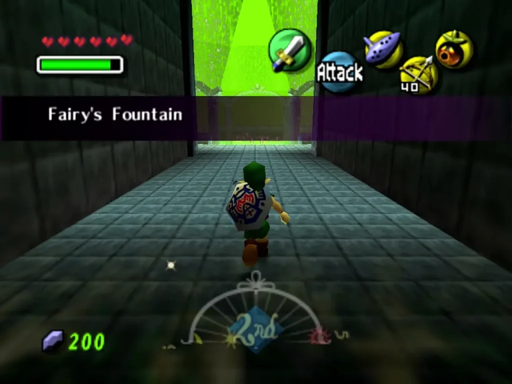 Hylian Link walking down the corridor toward the Fairy's Fountain with the name shown on screen Hylian Link walking down the corridor toward the Fairy's Fountain with the name shown on screen