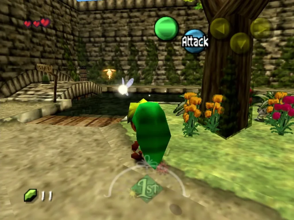 Link beside the Clock Town Laundry Pool with a glowing Stray Fairy hovering over the water Link beside the Clock Town Laundry Pool with a glowing Stray Fairy hovering over the water