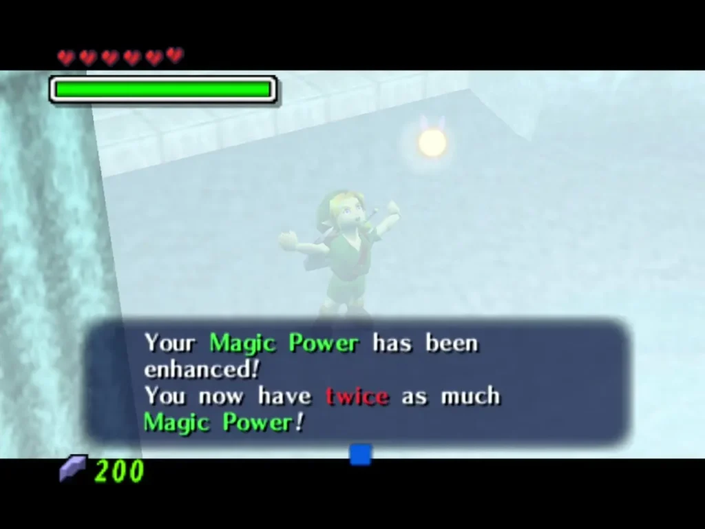 Hylian Link in the fountain with the box saying his Magic Power has been enhanced to twice as much Hylian Link in the fountain with the box saying his Magic Power has been enhanced to twice as much
