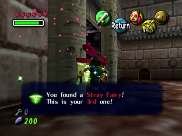 Link in a Snowhead Temple stone room beside a pillar as the box reports a Stray Fairy found, a chest at the far wall Link in a Snowhead Temple stone room beside a pillar as the box reports a Stray Fairy found, a chest at the far wall