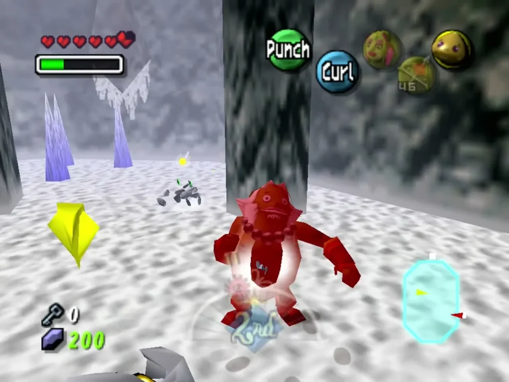 A red Eeno stands in the snowy room with icy spikes behind it as Goron Link squares up A red Eeno stands in the snowy room with icy spikes behind it as Goron Link squares up
