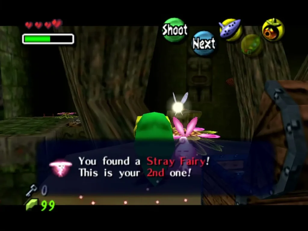 Link on the second platform beside a Deku Flower, with the box confirming a Stray Fairy was found Link on the second platform beside a Deku Flower, with the box confirming a Stray Fairy was found