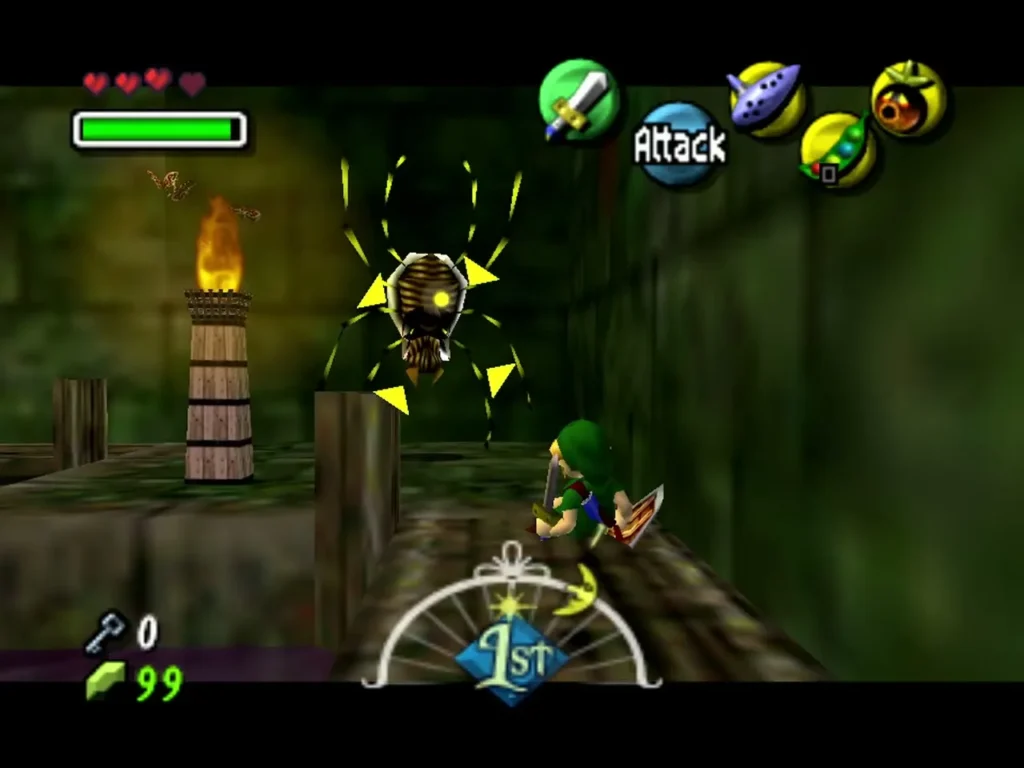 Link facing a Skulltula with its back turned beside a lit torch on a Woodfall Temple walkway Link facing a Skulltula with its back turned beside a lit torch on a Woodfall Temple walkway
