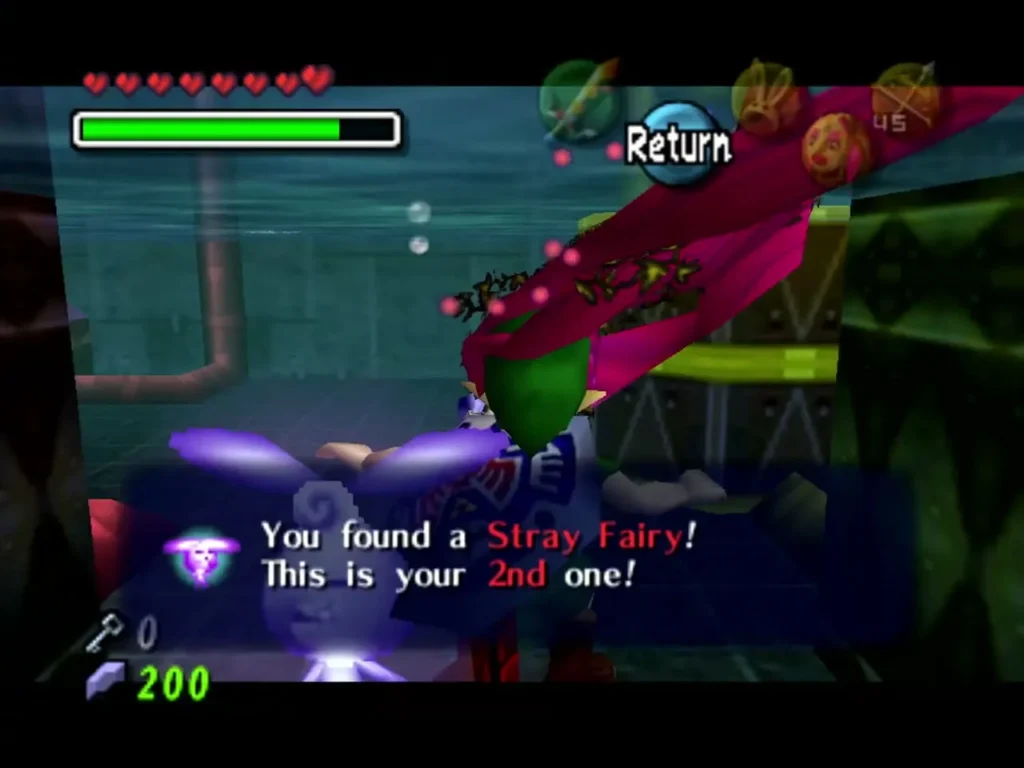 Link in the Great Fairy's Mask in a close view with the box confirming a Stray Fairy was found Link in the Great Fairy's Mask in a close view with the box confirming a Stray Fairy was found