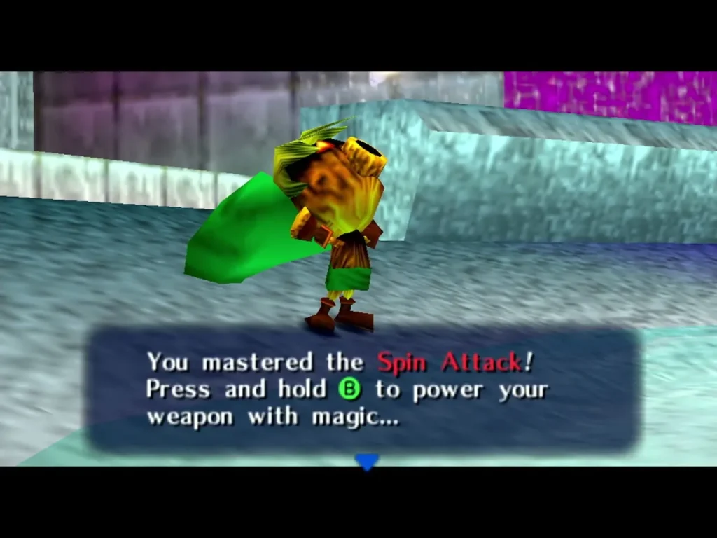 Link in the fountain with the box saying he mastered the Spin Attack Link in the fountain with the box saying he mastered the Spin Attack