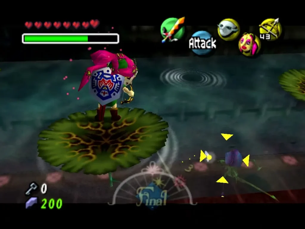 Link in the Great Fairy's Mask on a lily pad, bow ready, with a Bio Deku Baba locked on in the Great Bay Temple hall Link in the Great Fairy's Mask on a lily pad, bow ready, with a Bio Deku Baba locked on in the Great Bay Temple hall