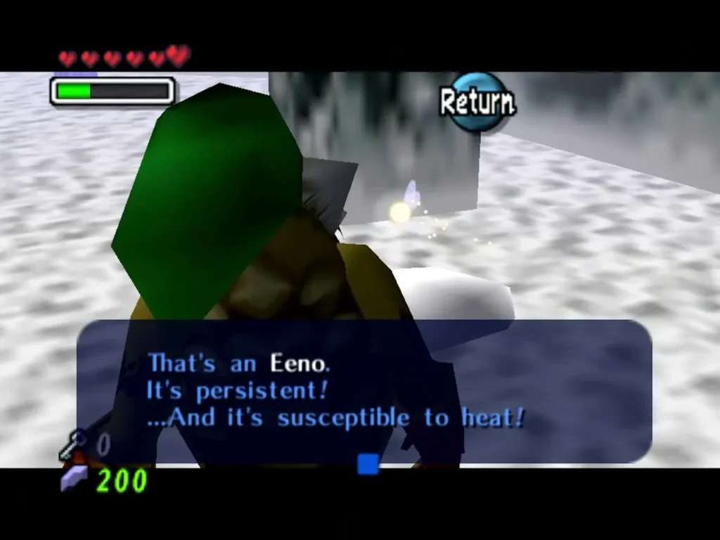Tatl's message box naming the Eeno as persistent and weak to heat as Goron Link faces it in the snow Tatl's message box naming the Eeno as persistent and weak to heat as Goron Link faces it in the snow
