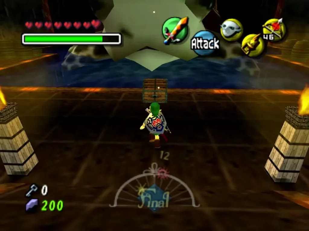 A chest appears in front of the giant turtle head as Link walks between lit torches A chest appears in front of the giant turtle head as Link walks between lit torches