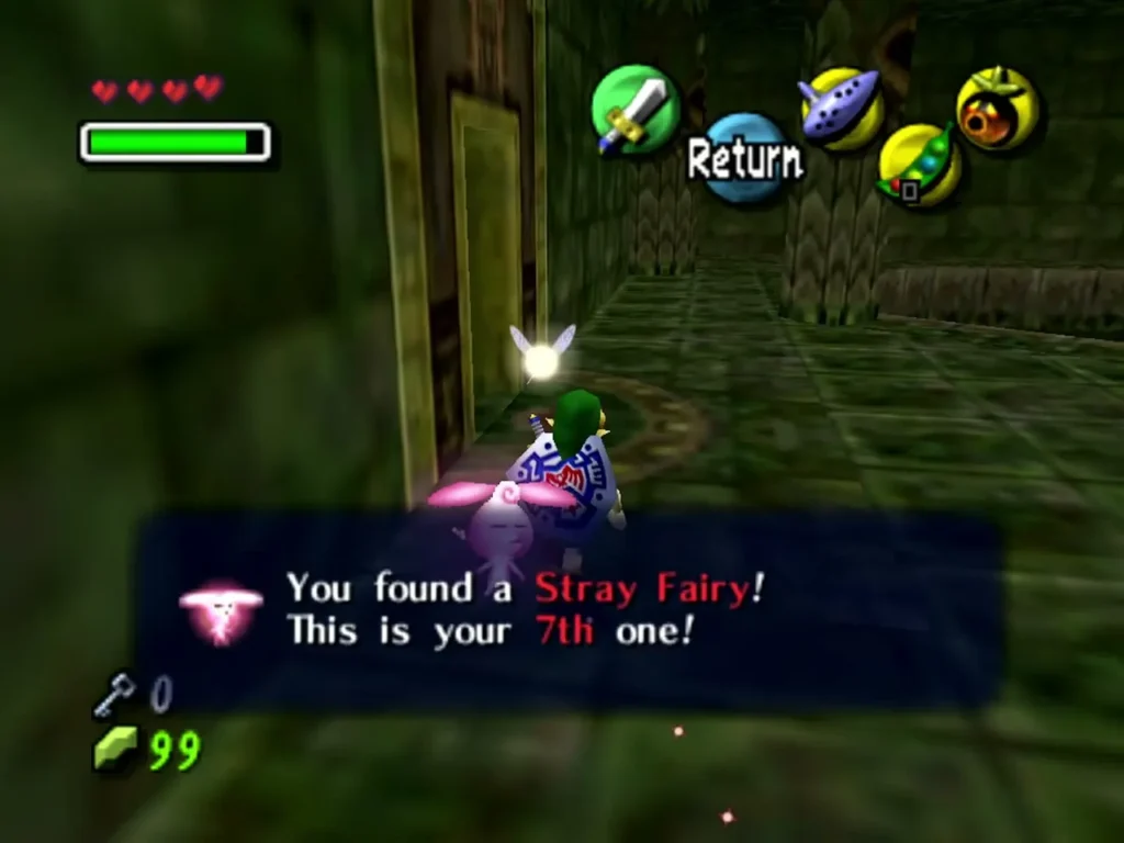 Link collects a Stray Fairy as the item box appears in Woodfall Temple Link collects a Stray Fairy as the item box appears in Woodfall Temple