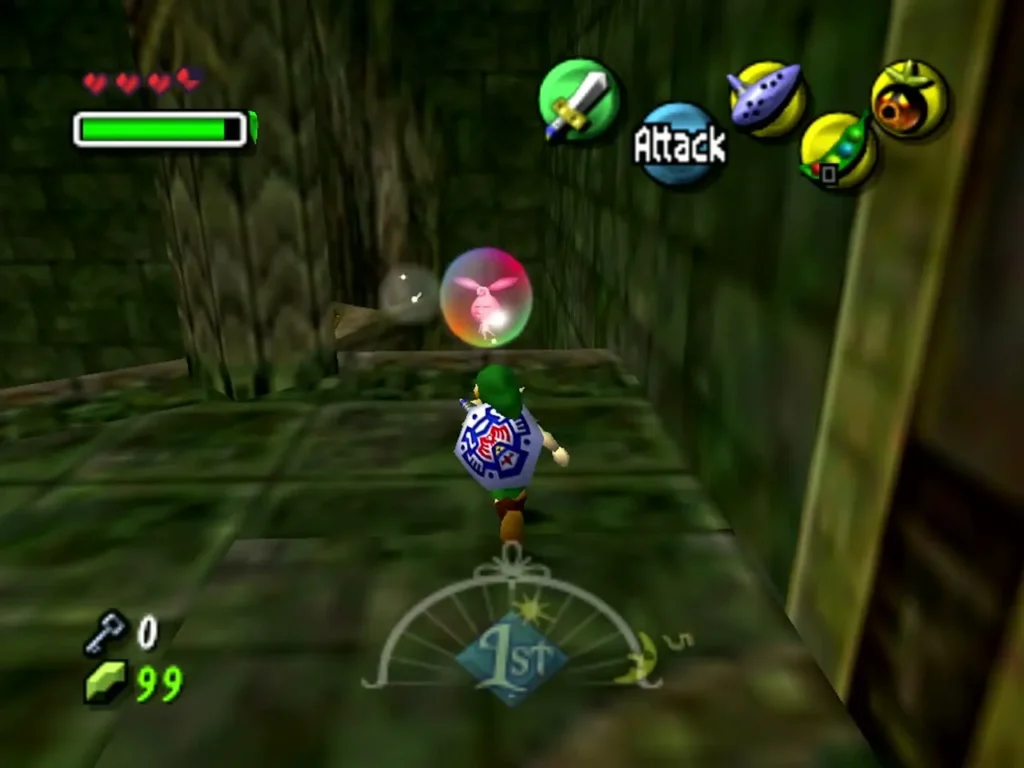 Link walking toward a bubble holding a Stray Fairy near the corner of a platform in Woodfall Temple Link walking toward a bubble holding a Stray Fairy near the corner of a platform in Woodfall Temple