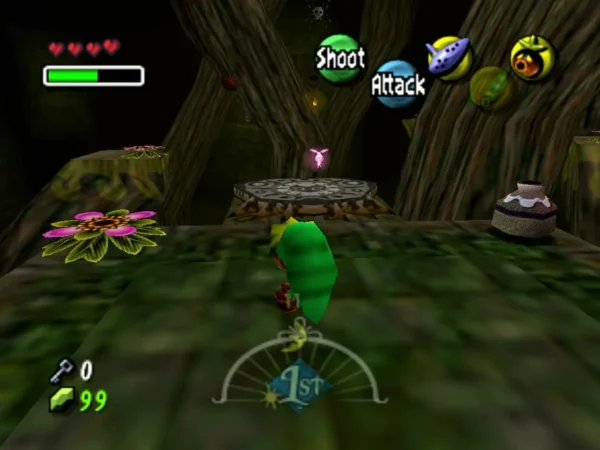 Link in the first room of Woodfall Temple with a pink fairy hovering above a round stone platform Link in the first room of Woodfall Temple with a pink fairy hovering above a round stone platform
