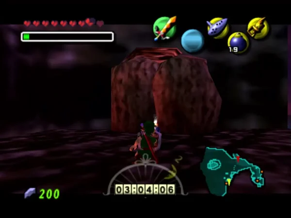 Link stands before two large boulders in a dark cave on Zora Cape Link stands before two large boulders in a dark cave on Zora Cape