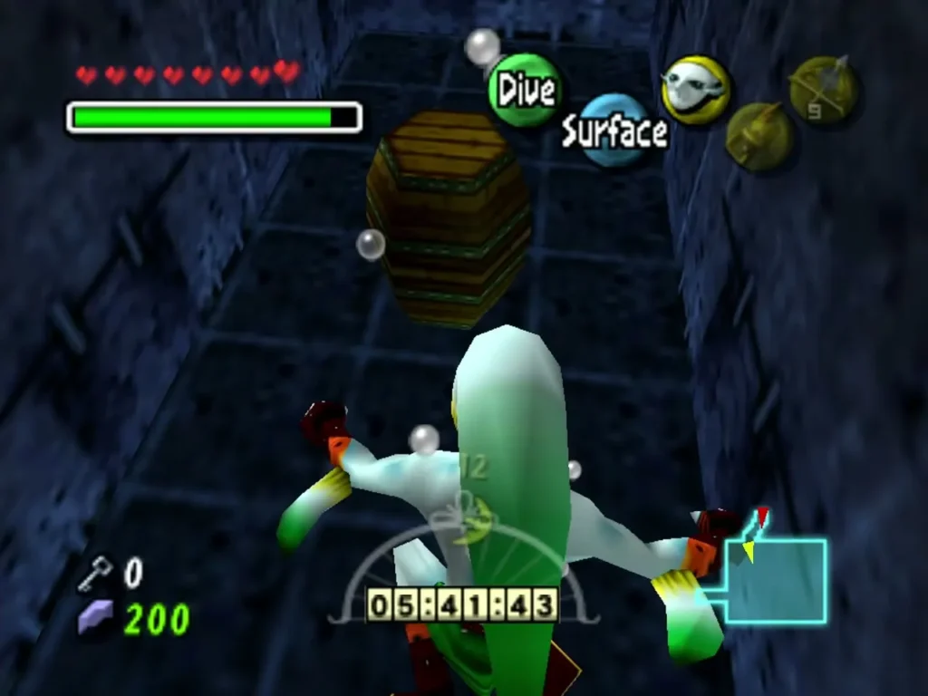 Zora Link swims down a flooded stone passage toward a wooden barrel in Great Bay Temple Zora Link swims down a flooded stone passage toward a wooden barrel in Great Bay Temple