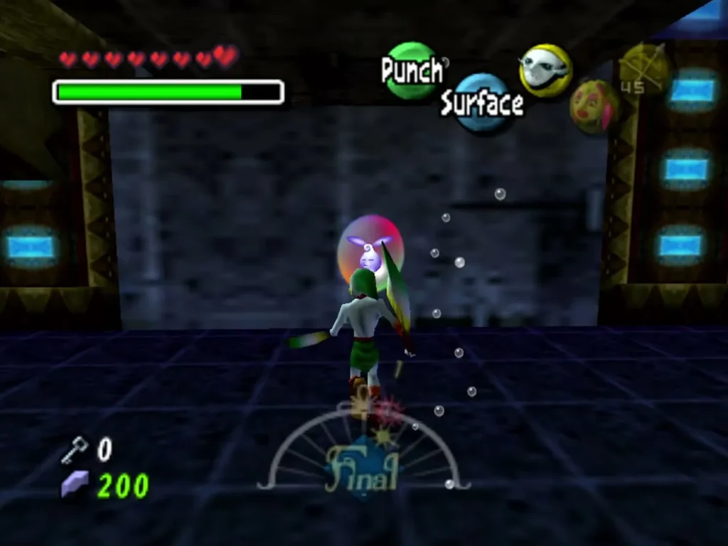 Zora Link swims beneath the entrance platform toward a fairy trapped in a bubble Zora Link swims beneath the entrance platform toward a fairy trapped in a bubble