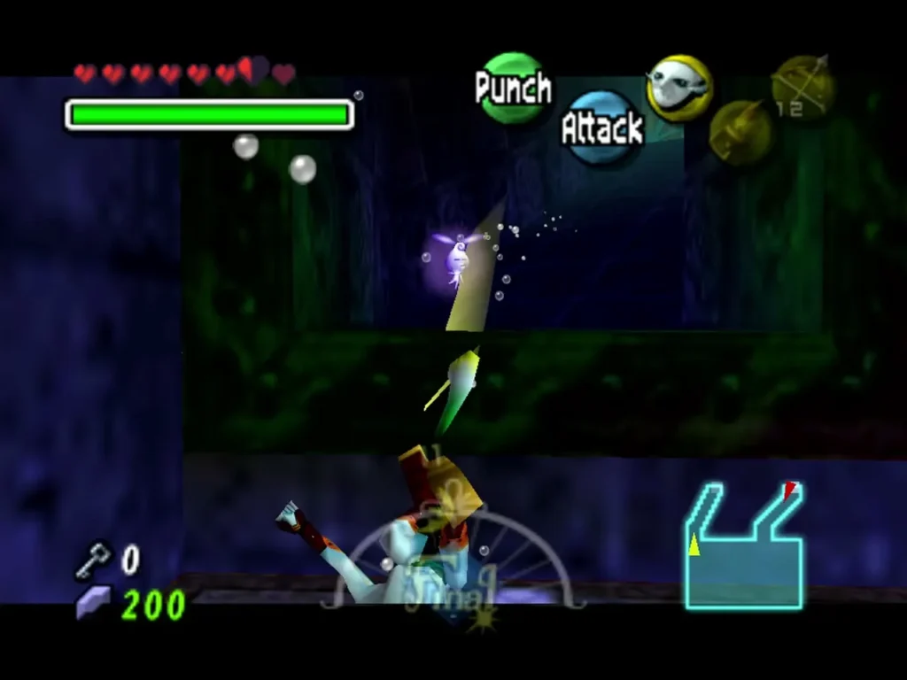 Zora Link in a flooded tunnel swimming up toward a purple Stray Fairy floating ahead of him Zora Link in a flooded tunnel swimming up toward a purple Stray Fairy floating ahead of him