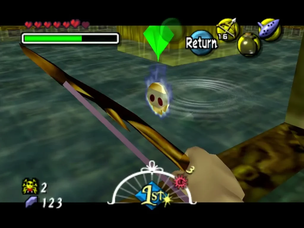 Hero's Bow aimed over the pool at a gold Skulltula token floating on the water in the spider house Hero's Bow aimed over the pool at a gold Skulltula token floating on the water in the spider house