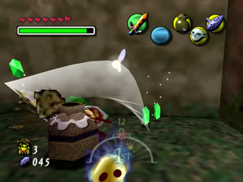 A smashed clay pot in the spider house, green rupees flying out and a gold Skulltula token below A smashed clay pot in the spider house, green rupees flying out and a gold Skulltula token below