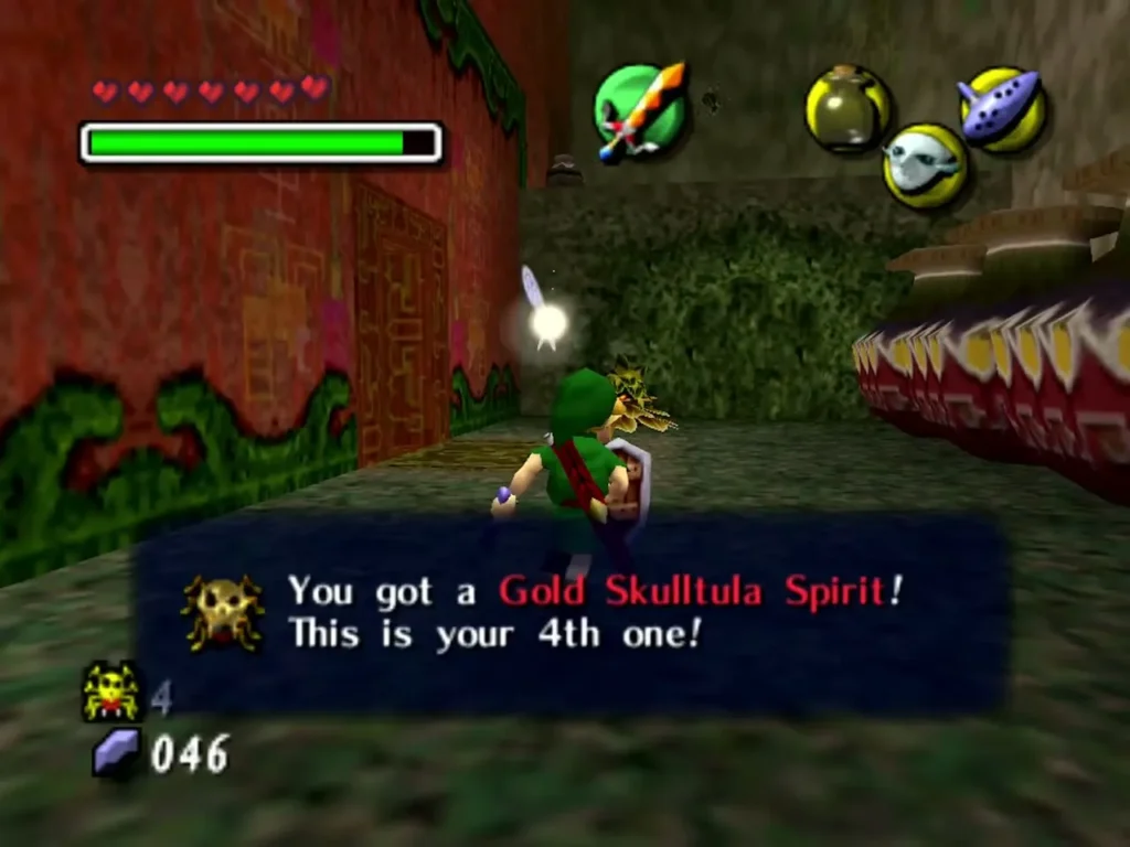 Link beside a crate in the spider house after collecting a Gold Skulltula Spirit, the box reading This is your 4th one Link beside a crate in the spider house after collecting a Gold Skulltula Spirit, the box reading This is your 4th one