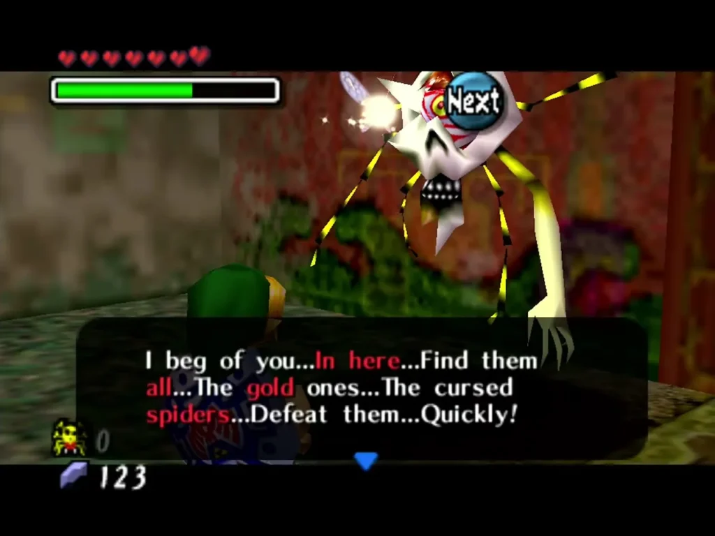 The cursed man begging Link to find and defeat the gold spiders, text box fully shown The cursed man begging Link to find and defeat the gold spiders, text box fully shown