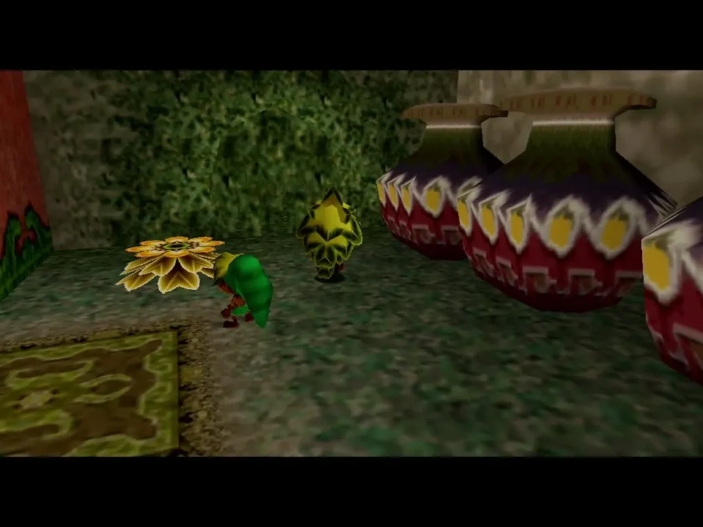 Link as a Deku Scrub beside an opened Deku Flower, with pots lined up along the wall Link as a Deku Scrub beside an opened Deku Flower, with pots lined up along the wall