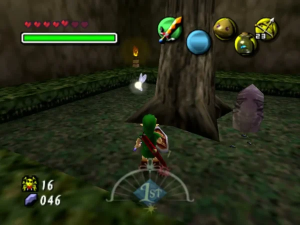 Link walks the hedged garden toward the big tree in the middle of the last room, a torch burning on the far wall Link walks the hedged garden toward the big tree in the middle of the last room, a torch burning on the far wall