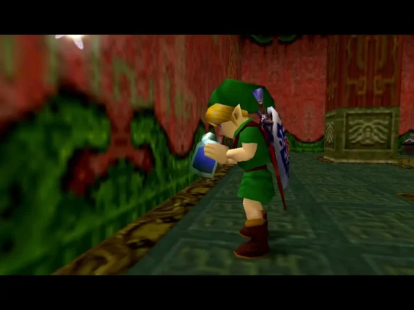 Link holds an empty bottle beside a wall inside the Swamp Spider House, ready to release a bug Link holds an empty bottle beside a wall inside the Swamp Spider House, ready to release a bug