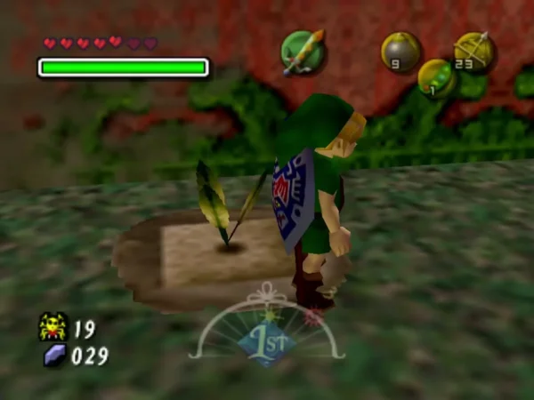 Link stands beside a patch of soft soil with a Magic Bean sprout in the spider house Link stands beside a patch of soft soil with a Magic Bean sprout in the spider house
