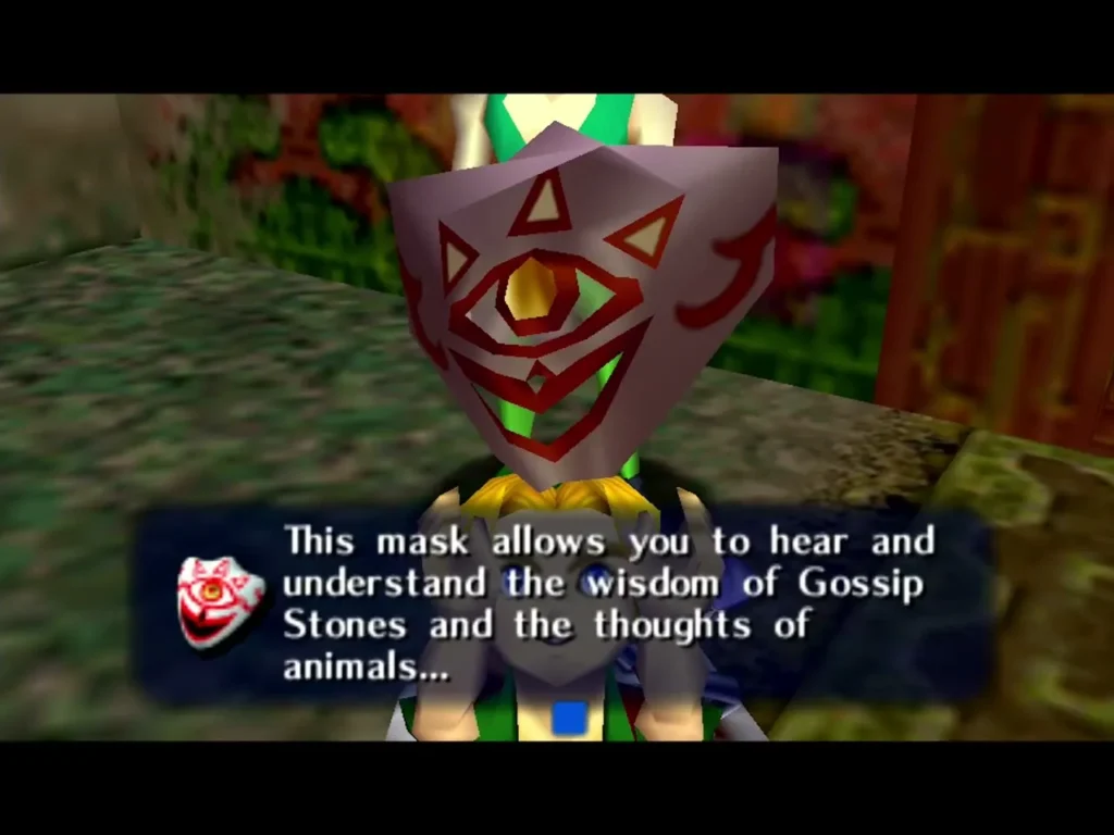 Link wearing the Mask of Truth, the box saying it lets him hear Gossip Stones and animals Link wearing the Mask of Truth, the box saying it lets him hear Gossip Stones and animals