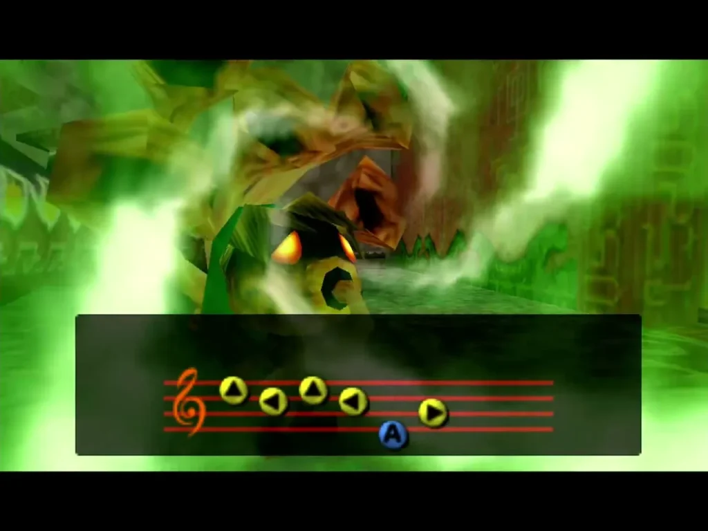 Sonata of Awakening notes on screen as green light swirls around a Deku figure Sonata of Awakening notes on screen as green light swirls around a Deku figure