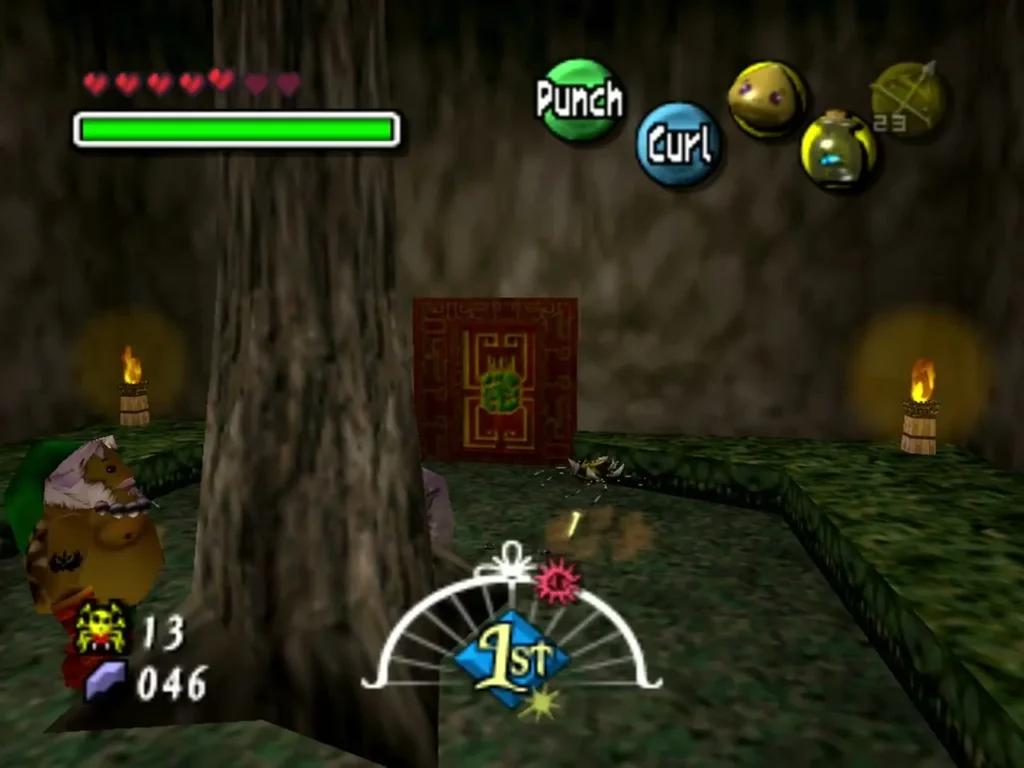 A Gold Skulltula lands on the garden floor beside the big tree as Goron Link looks on A Gold Skulltula lands on the garden floor beside the big tree as Goron Link looks on