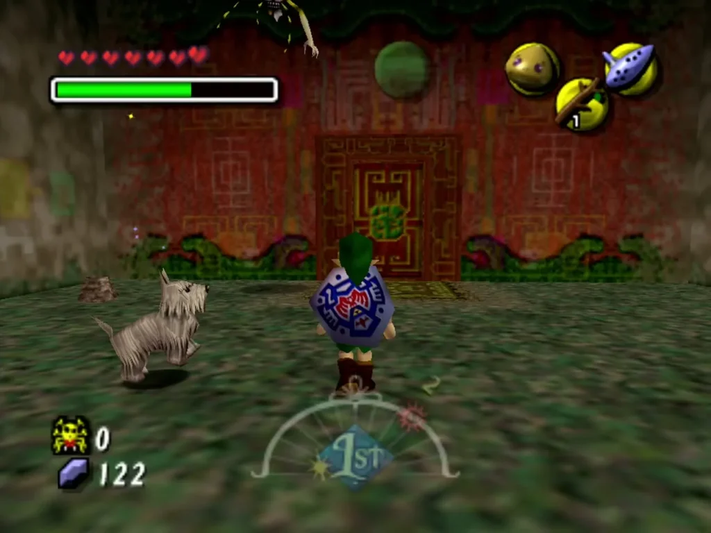 Link standing in the Swamp Spider House room with a small white dog beside him Link standing in the Swamp Spider House room with a small white dog beside him