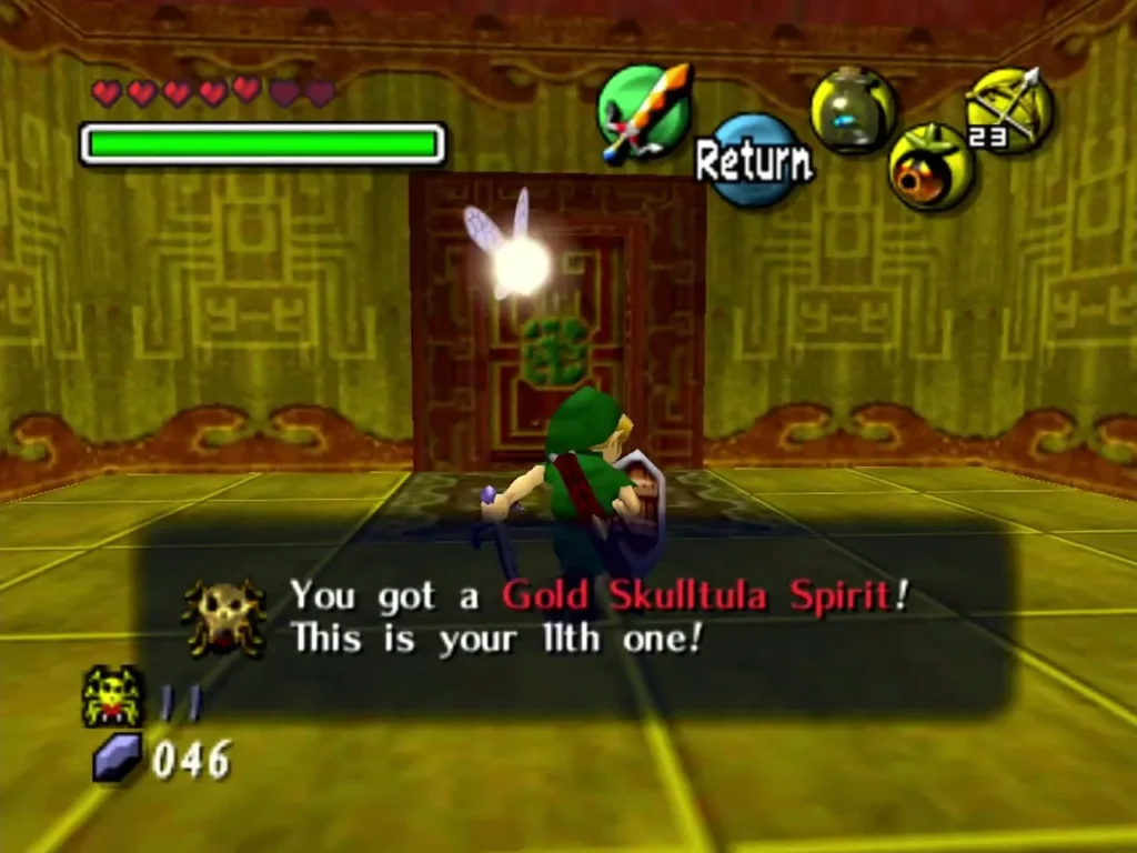 Link in a yellow-tiled room with the 11th Gold Skulltula Spirit, the box reading This is your 11th one Link in a yellow-tiled room with the 11th Gold Skulltula Spirit, the box reading This is your 11th one