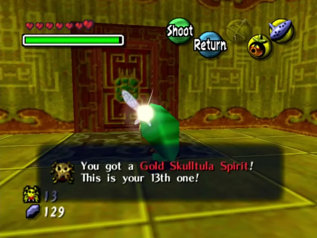 Link as a Deku Scrub at the spider house door after collecting his thirteenth Gold Skulltula Spirit Link as a Deku Scrub at the spider house door after collecting his thirteenth Gold Skulltula Spirit