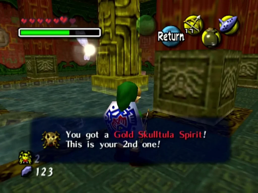 Link in the spider house after collecting his second Gold Skulltula Spirit Link in the spider house after collecting his second Gold Skulltula Spirit