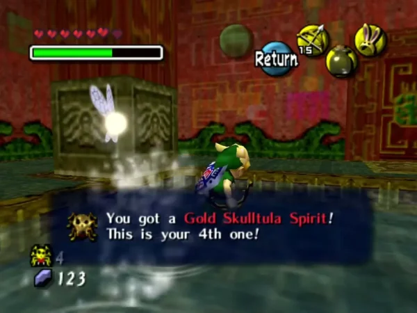Link beside a stone block after collecting his fourth Gold Skulltula Spirit Link beside a stone block after collecting his fourth Gold Skulltula Spirit