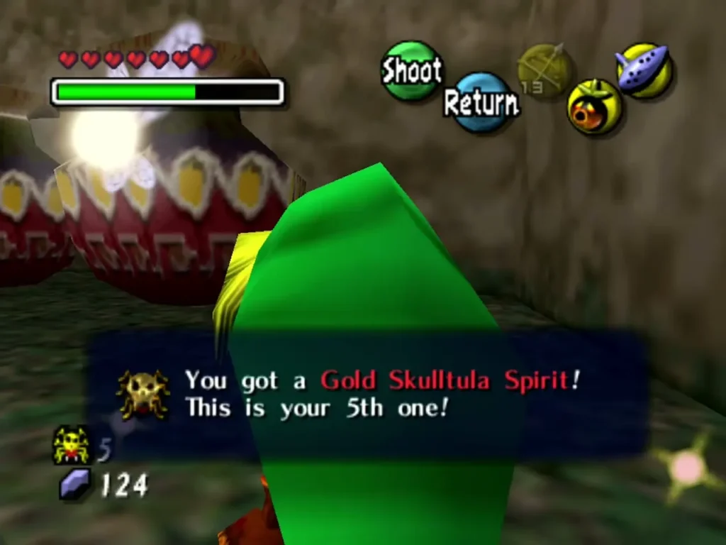 Link as a Deku Scrub after collecting his fifth Gold Skulltula Spirit, the message box fully shown Link as a Deku Scrub after collecting his fifth Gold Skulltula Spirit, the message box fully shown