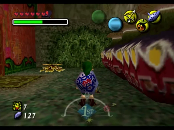 Link faces a curtain of green vines beside a row of huge patterned pots and a Deku Flower in the Giant Jar Room Link faces a curtain of green vines beside a row of huge patterned pots and a Deku Flower in the Giant Jar Room