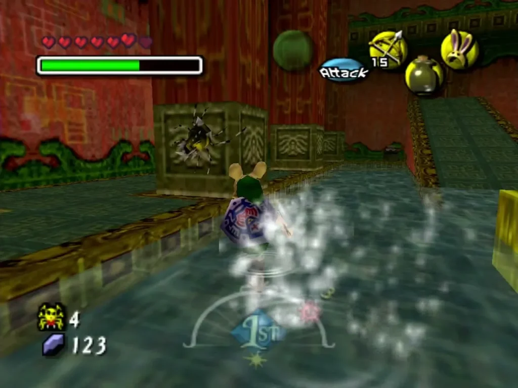 Deku Link skips across the water inside a spider house in a spray of splashes Deku Link skips across the water inside a spider house in a spray of splashes