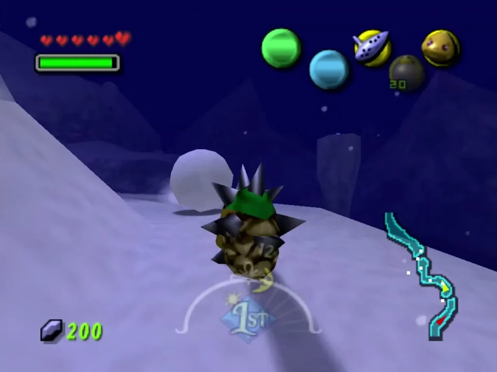 Goron Link in a spiked roll on the snowy mountain path with a snowball behind him Goron Link in a spiked roll on the snowy mountain path with a snowball behind him