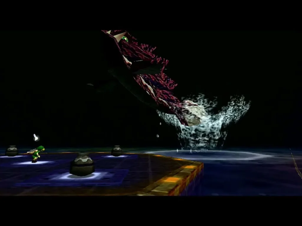 Gyorg leaps out of the arena water in a spray beside the pot-lined platform where Link stands Gyorg leaps out of the arena water in a spray beside the pot-lined platform where Link stands