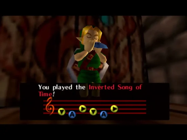 Link plays the Inverted Song of Time with the notes on the staff and the message on screen Link plays the Inverted Song of Time with the notes on the staff and the message on screen