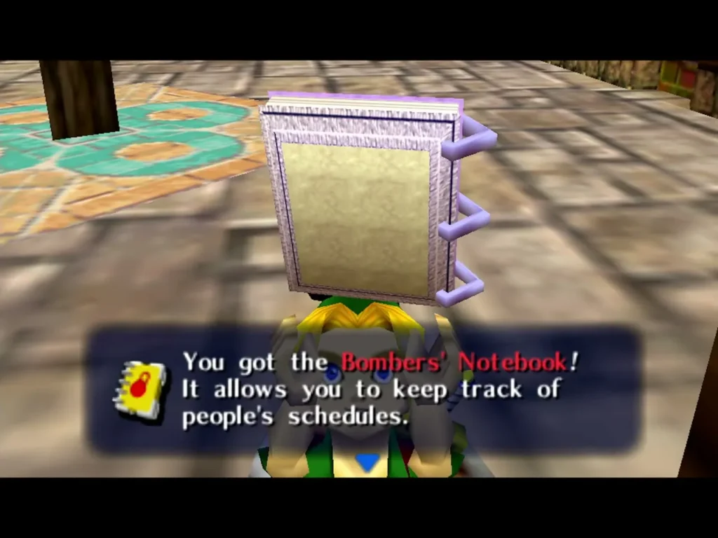 Link holds up the Bombers' Notebook as the box says it allows him to keep track of people's schedules Link holds up the Bombers' Notebook as the box says it allows him to keep track of people's schedules